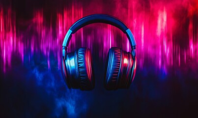 Vibrant sound waves with headphones against dark backdrop for podcast banner. Concept Podcast Banner, Vibrant Sound Waves, Headphones, Dark Background