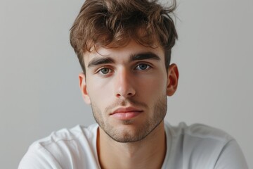 Fototapeta premium Close-up headshot of a young man with a confident expression, focused and serious in a neutral indoor setting
