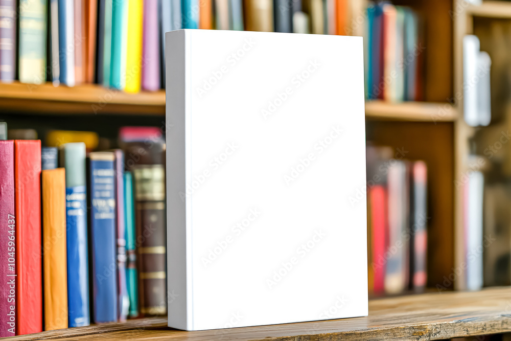 Poster white book sits on a wooden shelf next to a row of books. the book is empty and the shelf is full of