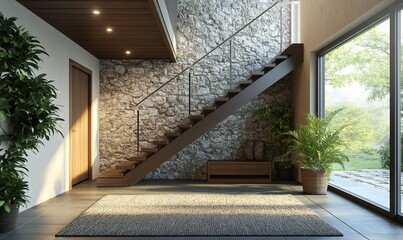 Wooden staircase and stone cladding wall in rustic hallway. Cozy home interior design of modern entrance hall with door