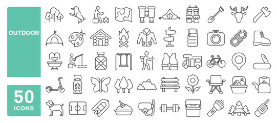 Set of 50 line icons related to outdoor, campfire, hiking, activities, park, picnic, lake, walk, tent, caravan, Editable stroke. Vector illustration