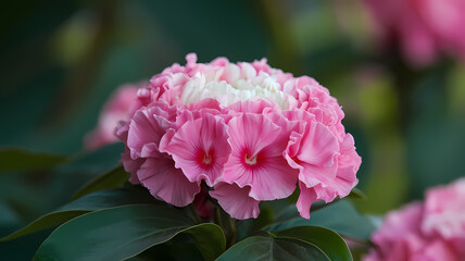 Fototapeta premium Close-up of a vibrant pink peony flower surrounded by green leaves, showcasing its delicate petals and lush blooms.