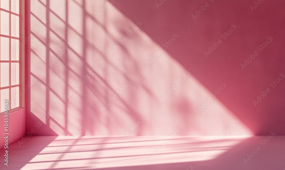 Poster wall interior background, studio and backdrops show products. with shadow from window color pink bac