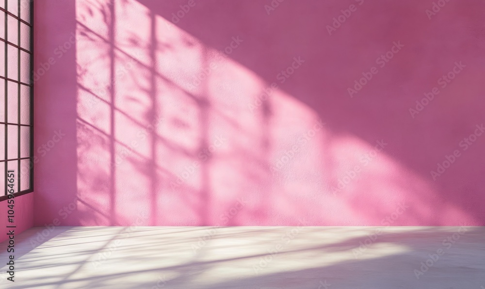 Poster wall interior background, studio and backdrops show products. with shadow from window color pink bac