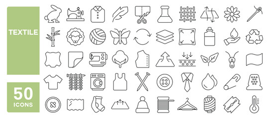 Set of 50 line icons related to textile, wool, fur, corduroy, cotton, bamboo, soft, nylon, corduroy, natural, fiber, Editable stroke. Vector illustration