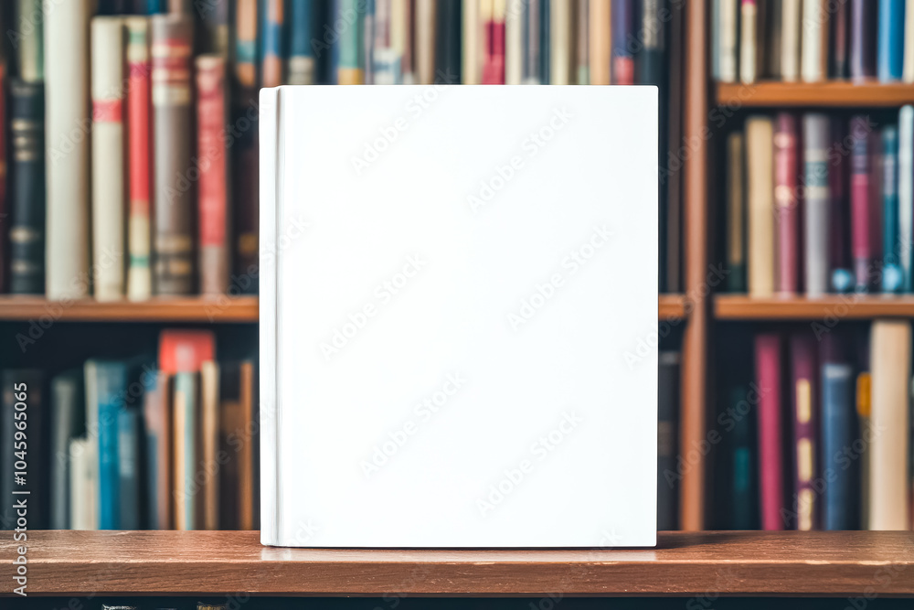 Poster white book sits on a wooden shelf next to a row of books. the book is empty and the shelf is full of