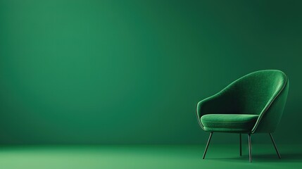   A green chair sits in a room with walls and another chair
