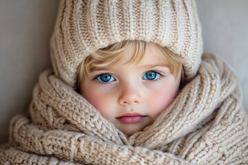 An adorable child bundled in an oversized knit hat and scarf, with striking blue eyes peeking out, surrounded by warmth and comfort during a chilly day.