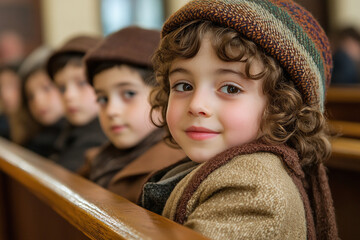 Naklejka premium Jewish Children at Synagogue: Children dressed in holiday clothes, sitting quietly at the synagogue during Rosh Hashanah prayers.