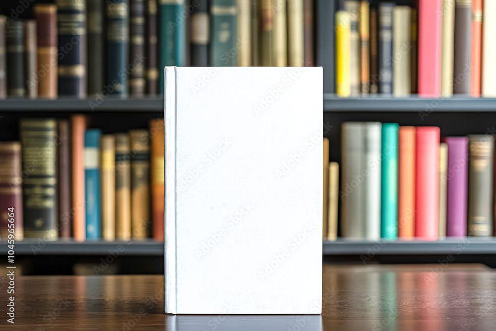 Poster white book sits on a wooden shelf next to a row of books. the book is empty and the shelf is full of