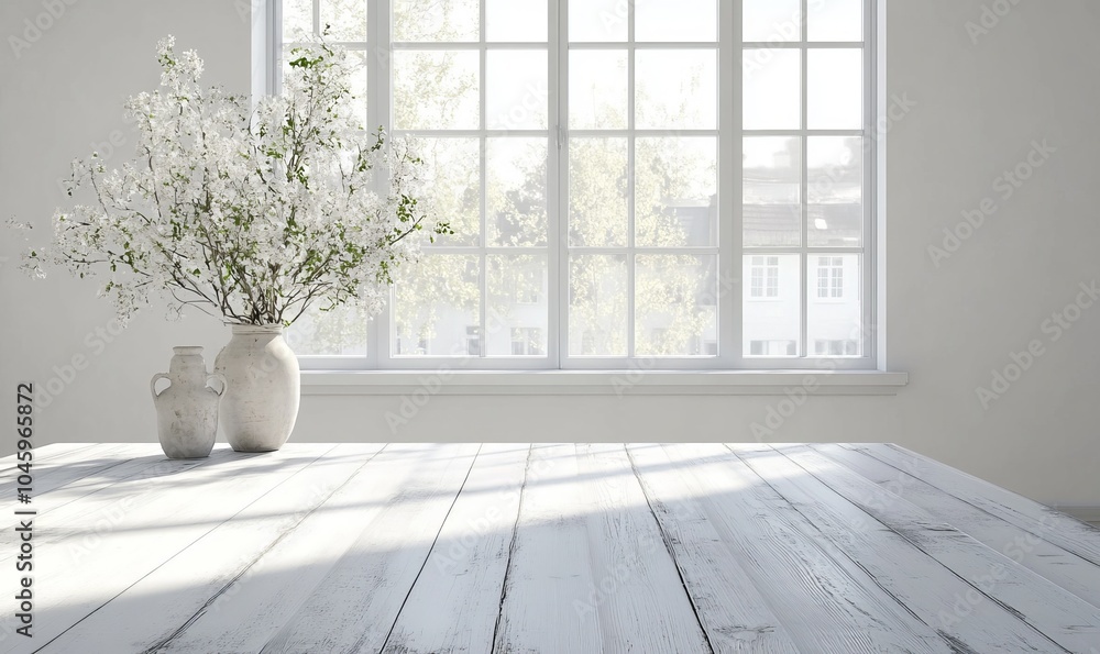 Poster white wood table with large spring window and copy space