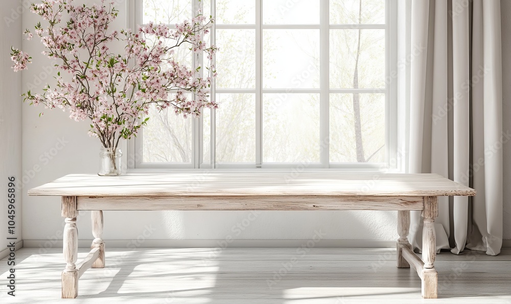 Poster white wood table with large spring window and copy space