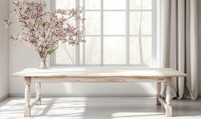 White wood table with large spring window and copy space