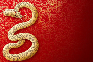 Obraz premium Stylized golden snake intertwined against a vibrant red background with swirling patterns representing themes of wisdom and transformation