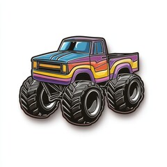 Colorful monster truck illustration with large tires and vibrant stripes isolated on a white background