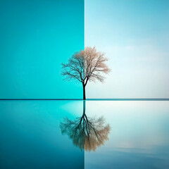 A lone tree reflected in a serene, mirror-like body of water, against a gradient blue and teal backdrop. The peaceful scene exudes simplicity and calmness.