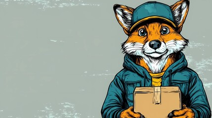 Anthropomorphic animal dressed as a delivery worker, holding a box, perfect for illustrating logistics and shipping services in a playful, creative style