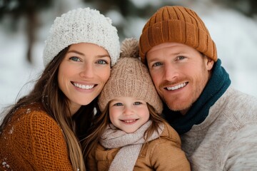 Fototapeta premium A family of three, consisting of father, mother, and daughter, warmly dressed in cozy winter attire, smiling against a snowy background for a family portrait.