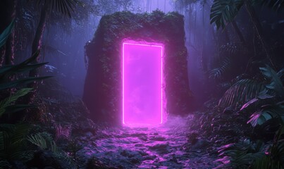 Mysterious door or portal with neon light in the jungle in synthwave style