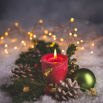 Christmas candle and decorations  -  Classic Christmas and Advent arrangement - Square format with copy space