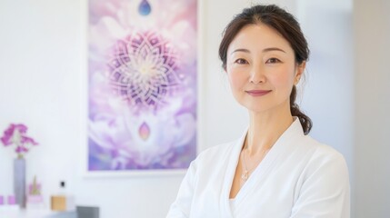 A confident South Korean aesthetician with clear, radiant skin, standing in a bright, modern spa with chakra-themed decor, wearing a professional uniform that reflects her elegance and expertise