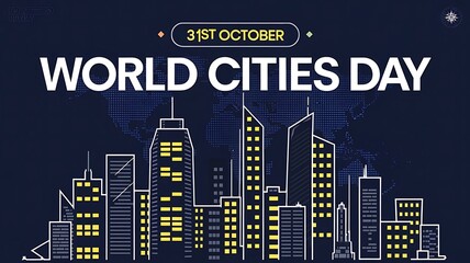 Fototapeta premium High-Quality Digital Illustration of a Night City Skyline with Glowing Yellow Windows, Modern Skyscrapers, and Text for World Cities Day on 31st October