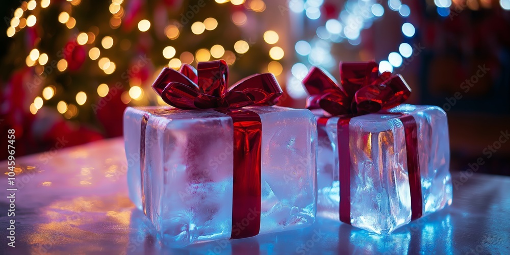 Poster two ice boxes with red ribbons on them. the boxes are on a table and are surrounded by lights