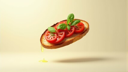 A floating slice of toast topped with fresh tomato slices and basil leaves, drizzled with olive oil on a soft background.