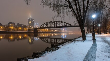 Vibrant fireworks burst over Mainz's skyline, reflecting on the river during the festive New Year celebration under a starry night