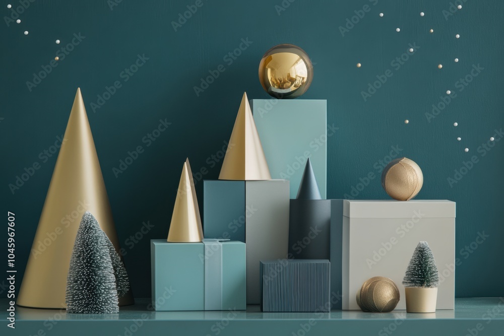 Leinwandbilder decorative geometric shapes resembling gift boxes and trees are arranged against a teal background f