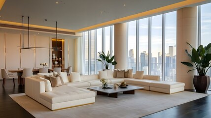 Elegant Urban Living Room with Stunning City Views: A Contemporary Design Featuring a Cozy Sofa, Dining Area, and Floor-to-Ceiling Windows Bathed in Natural Light, Perfect for Modern Living