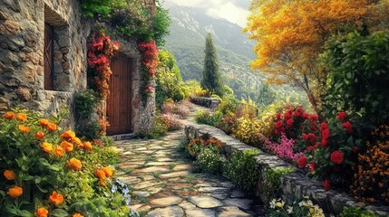 Stone Pathway Garden with Mountain View
