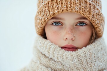 A young child with freckles wearing a beige knit hat and scarf, swathed in winter garments to combat the chill, presenting a serene expression amidst falling snow.