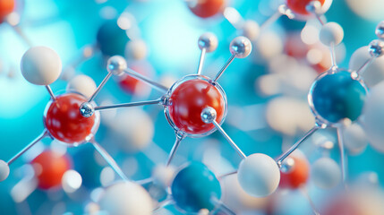 Obraz premium 3D Molecular Structure Red Blue White Spheres Science Chemistry Research Technology