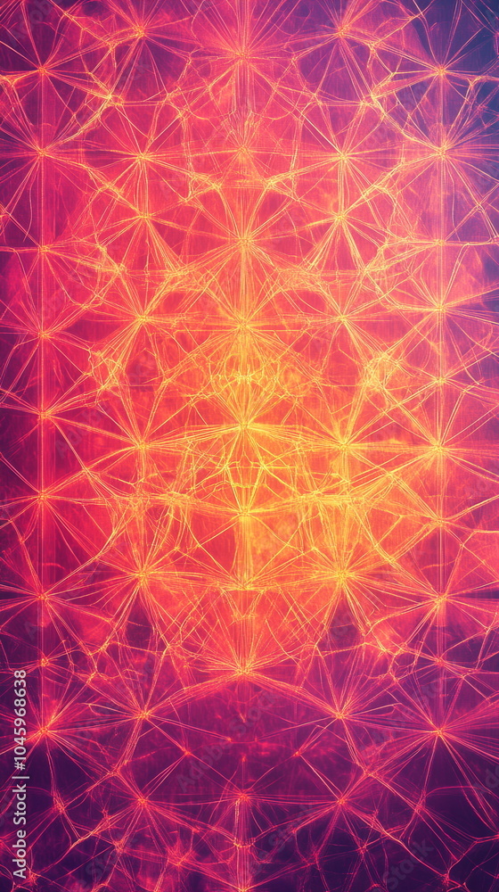 Aufkleber geometric patterns illuminated by neon pink and orange lights, forming intricate shapes that blend i