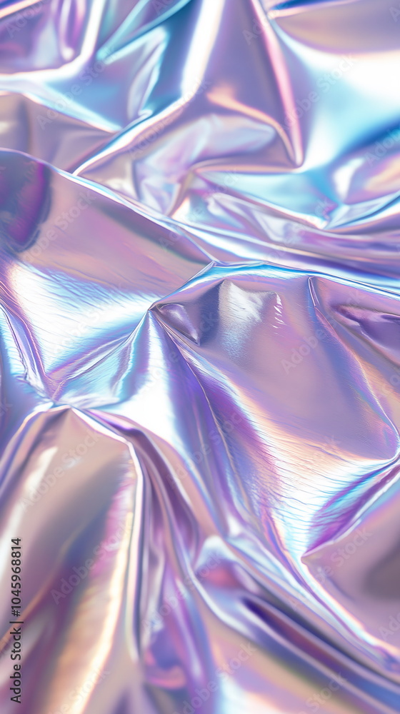 Poster glowing holographic foil texture in silver and lavender, reflecting light and color variations, crea