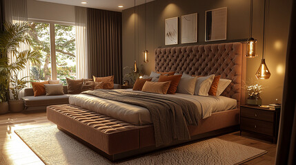 A contemporary master bedroom with a high bed