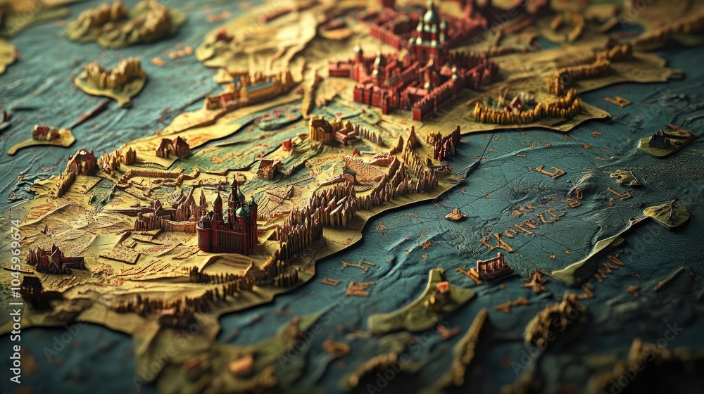 Poster a beautifully rendered flat map of poland with intricate patterns and designs representing its cultu