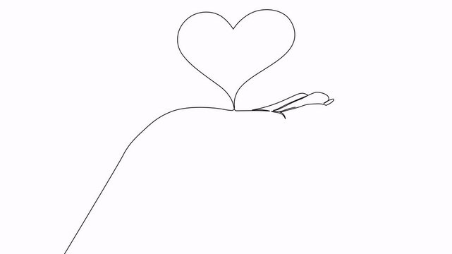 Video. One continuous line drawing of hand holding heart. Donor Day Concept. Animation on white background. 4K.