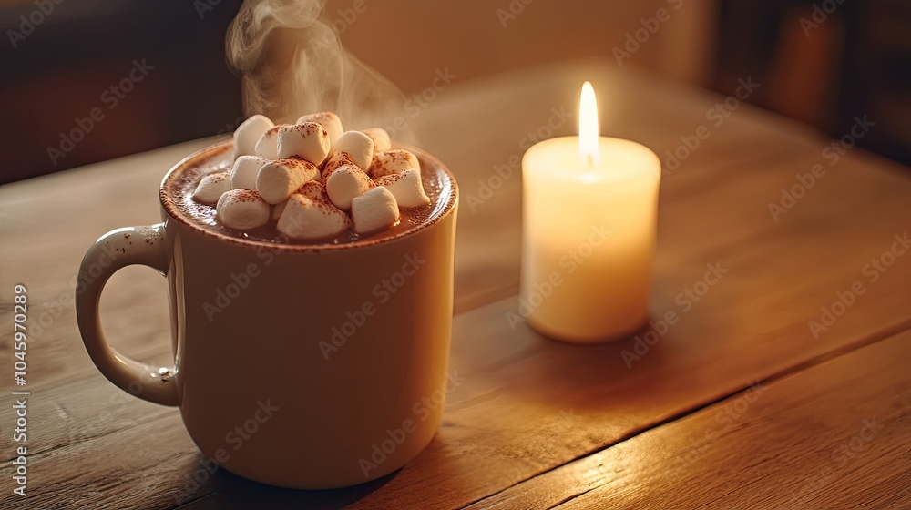 Poster a close-up of a steaming mug of hot cocoa topped with marshmallows, placed on a wooden table next to