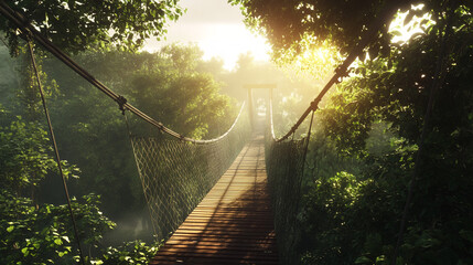 Fototapeta premium Jungle Bridge Canopy Walkway Tropical Forest Sunbeams Adventure Nature