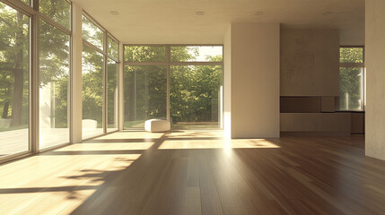 Modern Empty Room with Large Windows and Sunlight