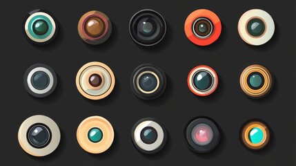 A collection of flat-design camera lens icons, representing photography.