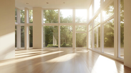 Fototapeta premium Sunlit Modern Empty Room with Large Windows and Hardwood Floor