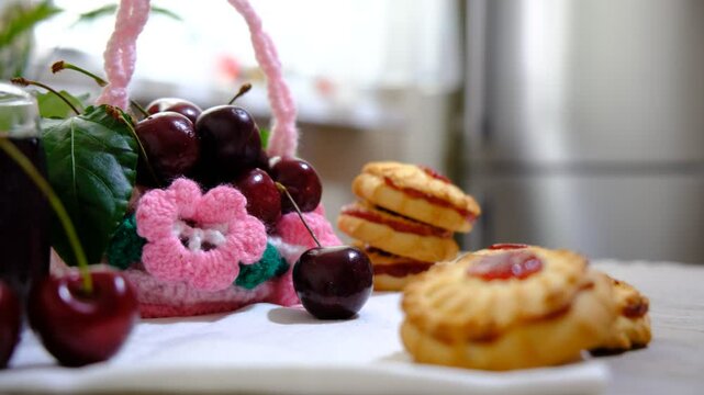 Cookies with cherry jam. Homemade freshly baked shortbread cookies