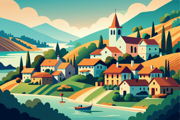 Small old town located amidst mountains and hills vector flat illustration