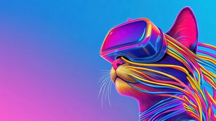 Cartoonish cat mascot wearing a VR headset, tangled in holographic wires, Retro-futurism, 2D illustration, vibrant colors
