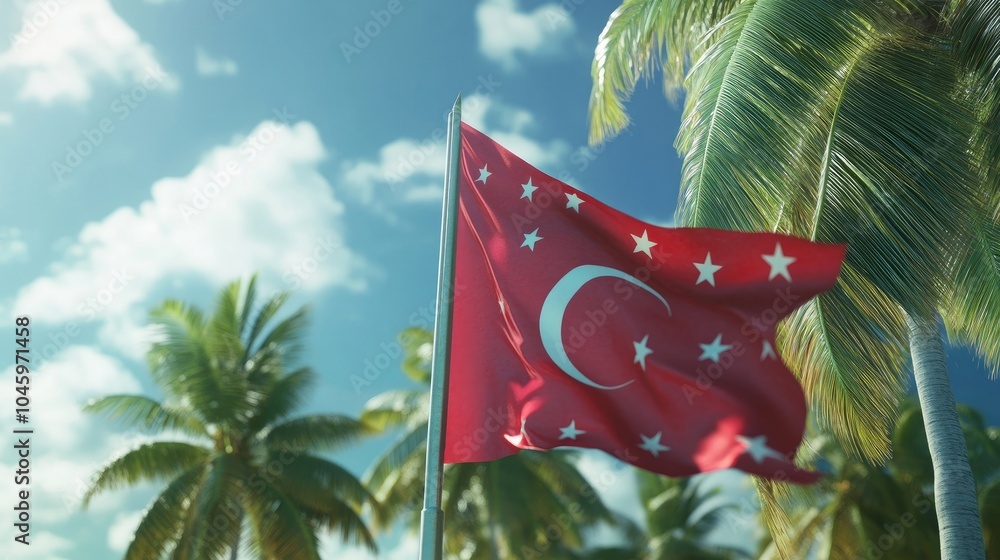 Poster a close-up view of the maldives flag with lush palm trees swaying in the background