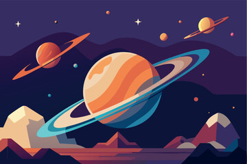 Naklejka premium Illustration of the view from a distinctive planet looking out into space flat vector style