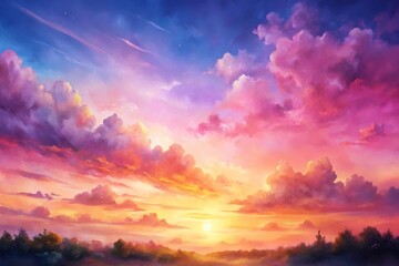 Fototapeta premium Watercolor sunset sky reflected in water